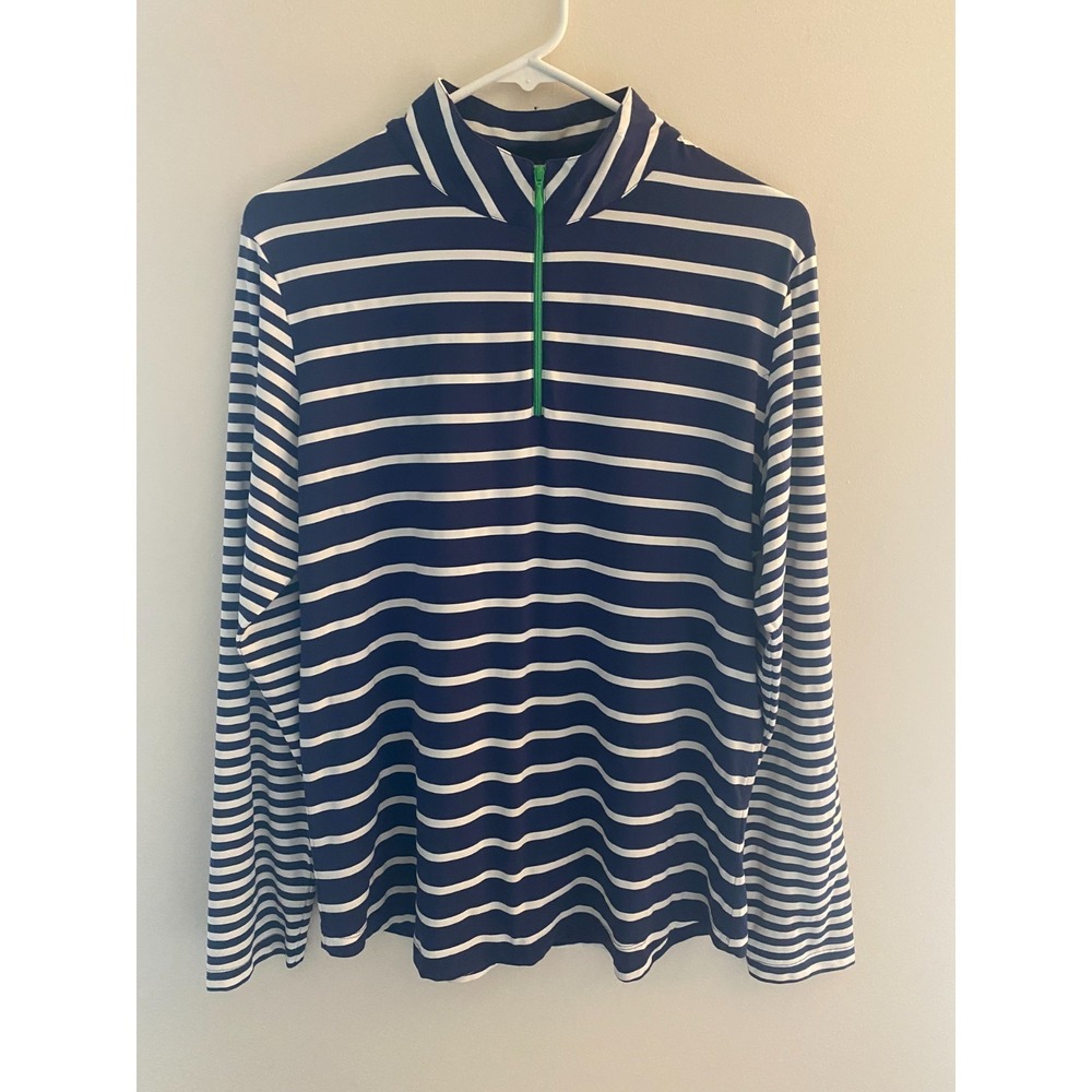 IBKUL Womens Golf Sun Shirt 1/4 Zip UPF Blue White Striped Long Sleeve L